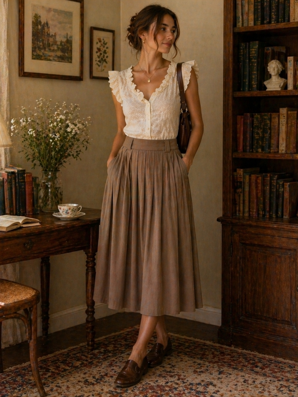 Vintage 70s Briggs Taupe Academia Pleated Midi Skirt Elastic Waist Pockets L